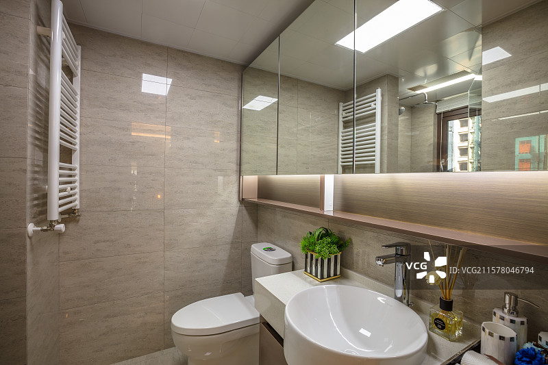 干湿分离卫生间中的灰砖与极简风格图片素材