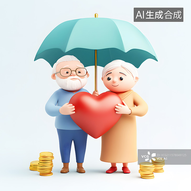 【AI数字艺术】AIGC：3D卡通老年人 退休金养老金安全保护伞 医疗保险健康保健图片素材
