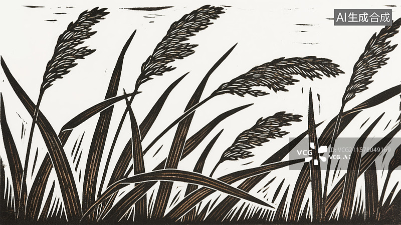 【AI数字艺术】一把芦苇版画黑白插画凹版印刷创意抽象商业背景传统雕刻与现代科技植物插画图片素材