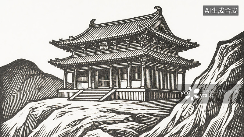 【AI数字艺术】古建筑凹版印刷复古插画创意抽象商业背景版画传统雕刻与现代科技图片素材
