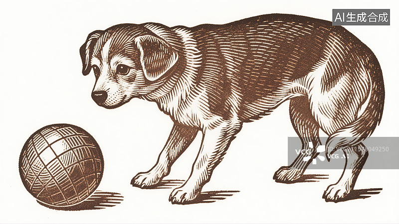 【AI数字艺术】宠物玩球凹版印刷复古插画版画可爱小狗创意抽象商业背景传统雕刻与现代科技图片素材