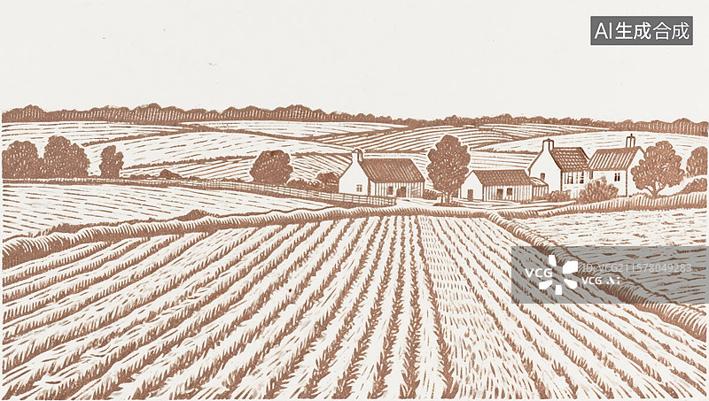 【AI数字艺术】乡村创新复古农田雕刻版画乡村振兴生产力和经济增长智慧农业背景抽象商业海报包装图片素材