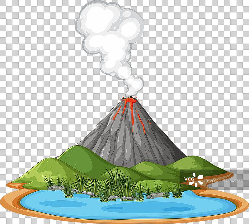 火山在湖边喷发，冒出烟雾和熔岩图片素材