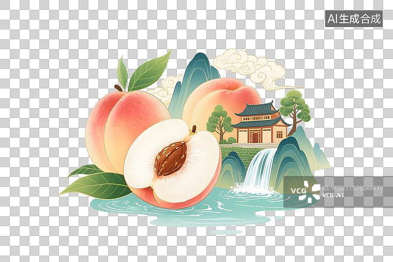 【AI数字艺术】水蜜桃国风插画免扣元素图片素材
