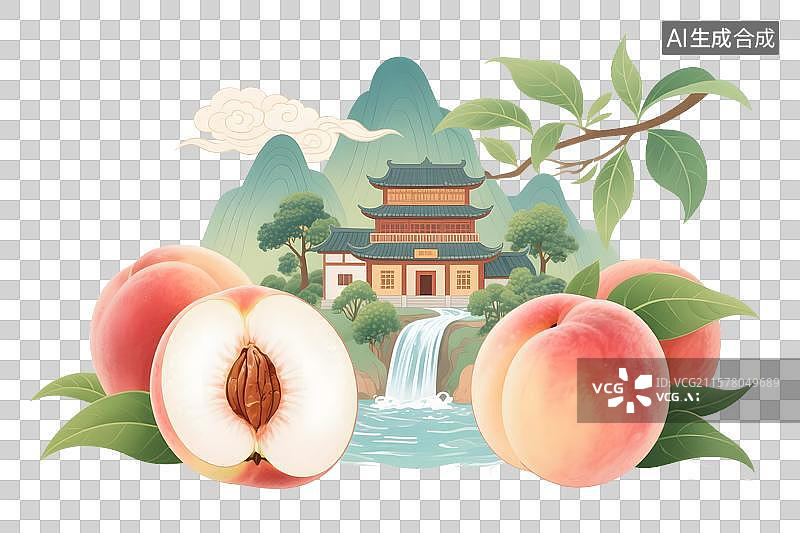 【AI数字艺术】水蜜桃国风插画免扣元素图片素材