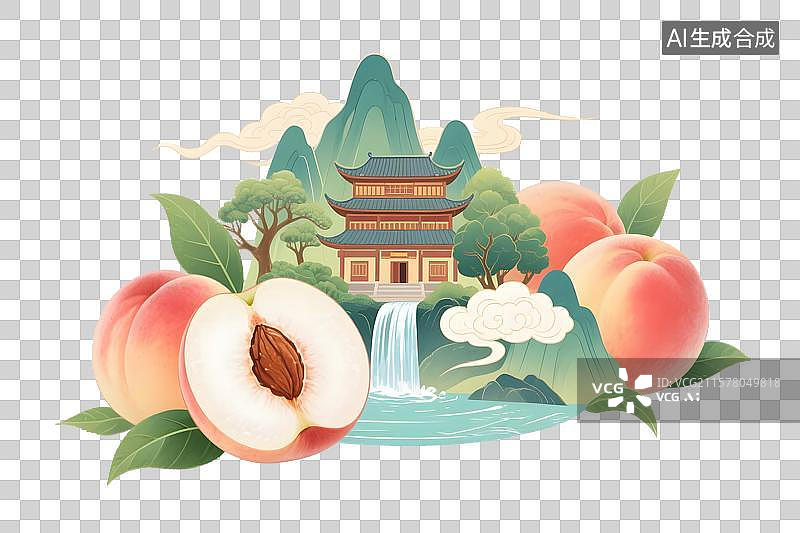 【AI数字艺术】水蜜桃国风插画免扣元素图片素材