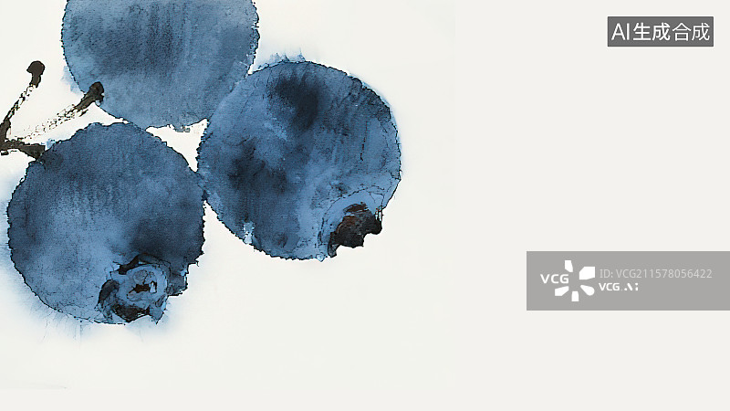 【AI数字艺术】复古中国风水墨画居左背景，蓝莓新鲜水果农副产品丰收采摘新国风中国画工笔画没骨画装饰画包装印花图案花边图片素材