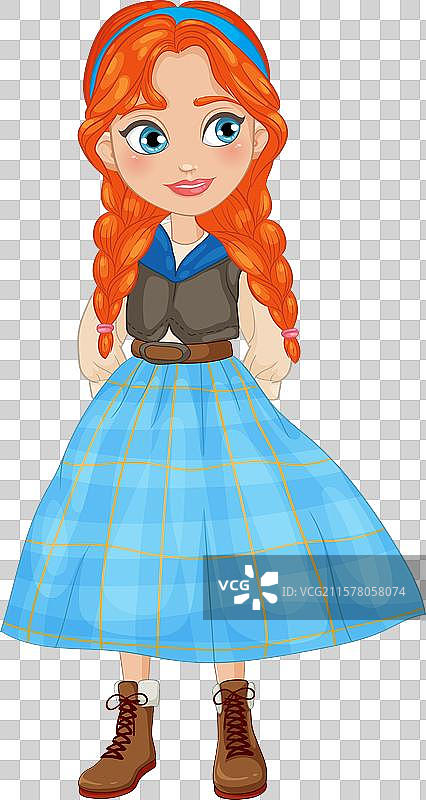 微笑的女孩，扎着辫子，穿着蓝色裙子图片素材