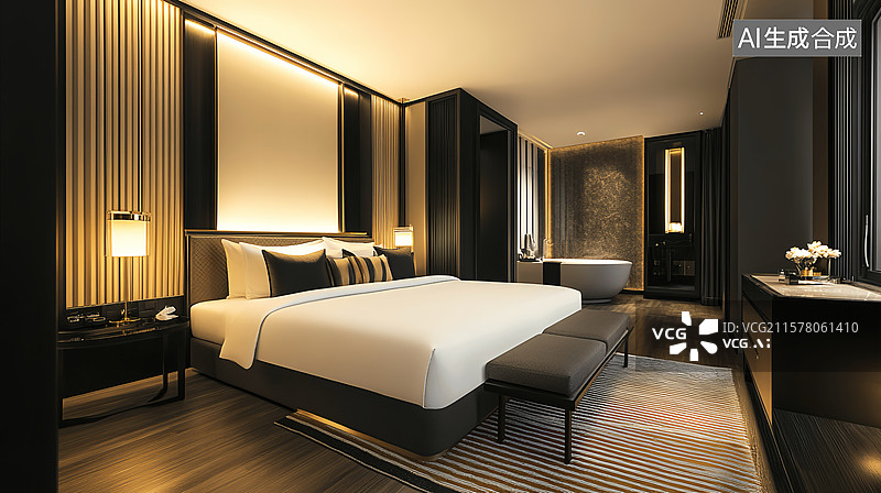 【AI数字艺术】现代黑金豪华酒店套房舒适大床房样板间效果图图片素材