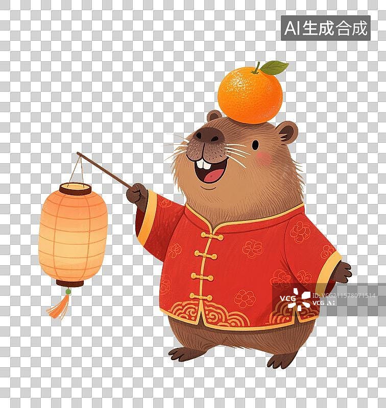 【AI数字艺术】中国风手绘插画，拿着灯笼的可爱卡通水豚，卡皮巴拉，中秋节，元宵节，春节，新年，八月十五免抠元素图片素材
