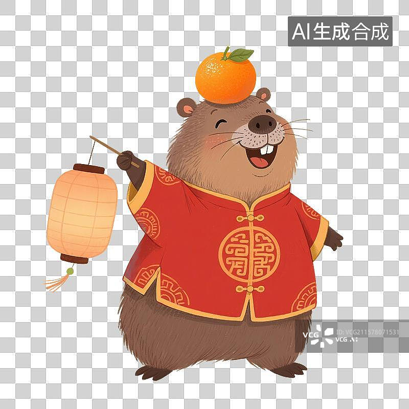 【AI数字艺术】中国风手绘插画，拿着灯笼的可爱卡通水豚，卡皮巴拉，中秋节，元宵节，春节，新年，八月十五免抠元素图片素材