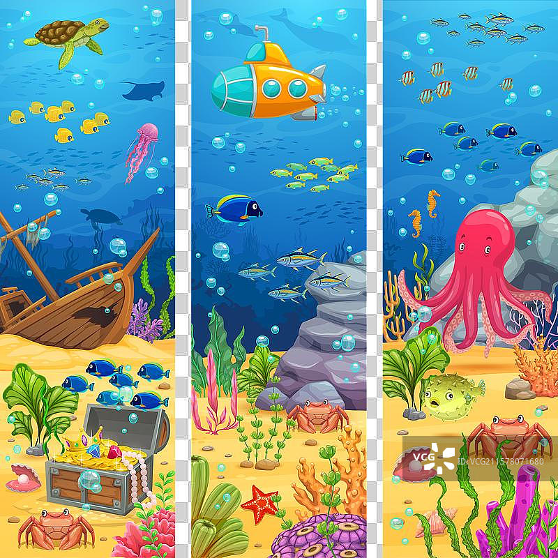 水下风景横幅，鱼和潜艇图片素材