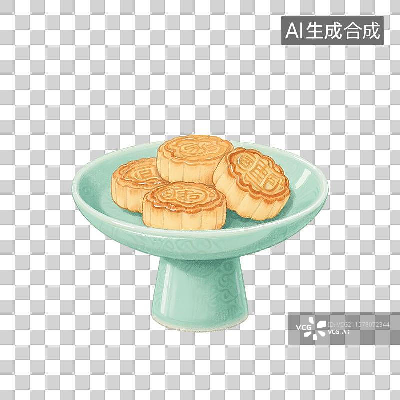 【AI数字艺术】中国风手绘插画，青瓷盘子里的月饼，中秋节免抠元素图片素材