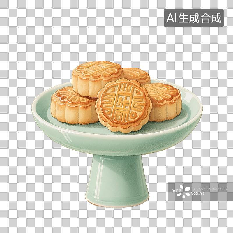 【AI数字艺术】中国风手绘插画，青瓷盘子里的月饼，中秋节免抠元素图片素材