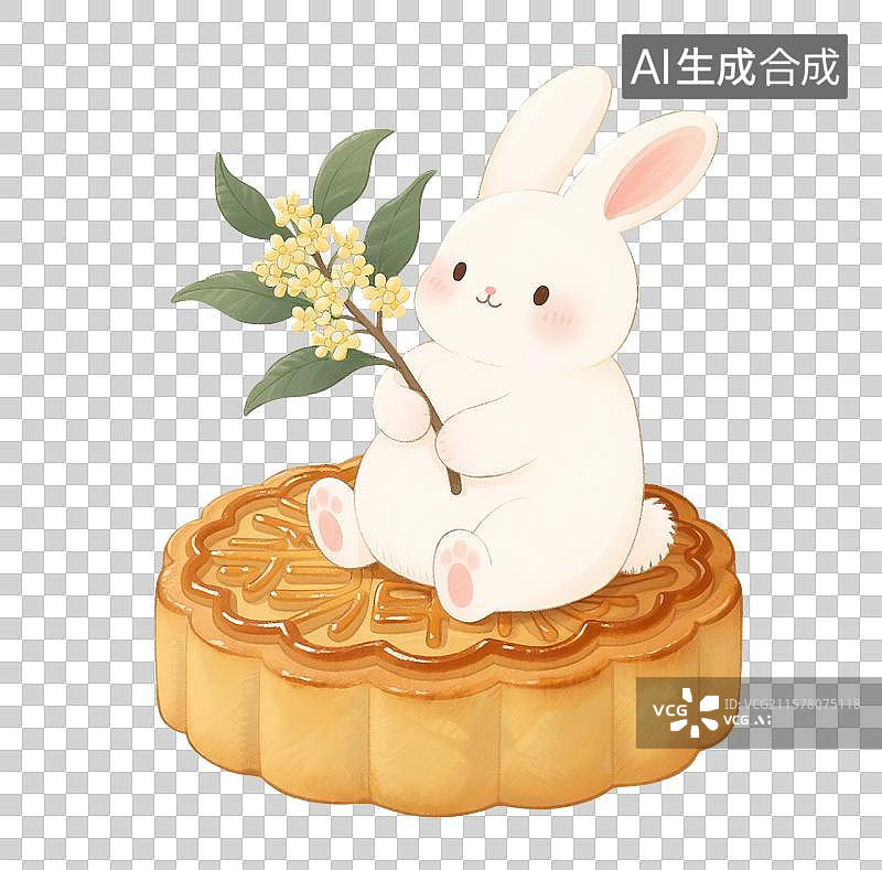 【AI数字艺术】中国风手绘插画，月饼和可爱卡通小兔子，白兔拿着桂花，玉兔，中秋节，八月十五免抠素材图片素材