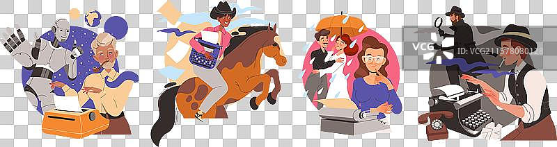 作家和记者在打字机前专注于创作图片素材