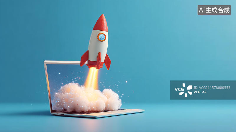 【AI数字艺术】笔记本电脑上的火箭起飞插画图片素材
