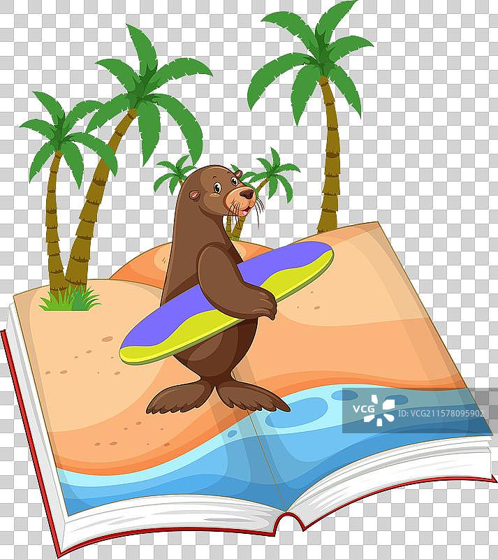 海滩场景中的海豹与冲浪板书籍图片素材