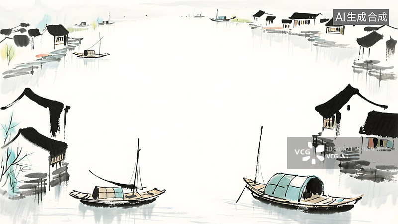 【AI数字艺术】渔村水墨画背景最大图片素材