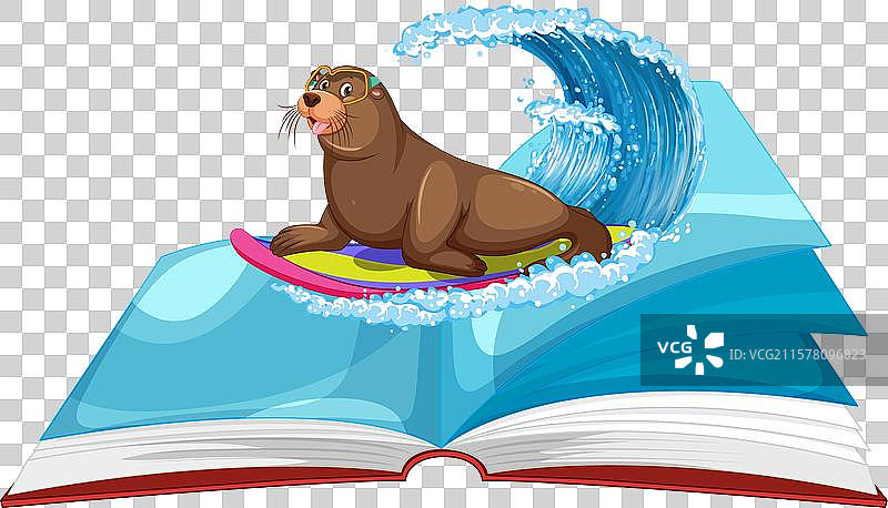 海豹在打开的书本上冲浪。图片素材