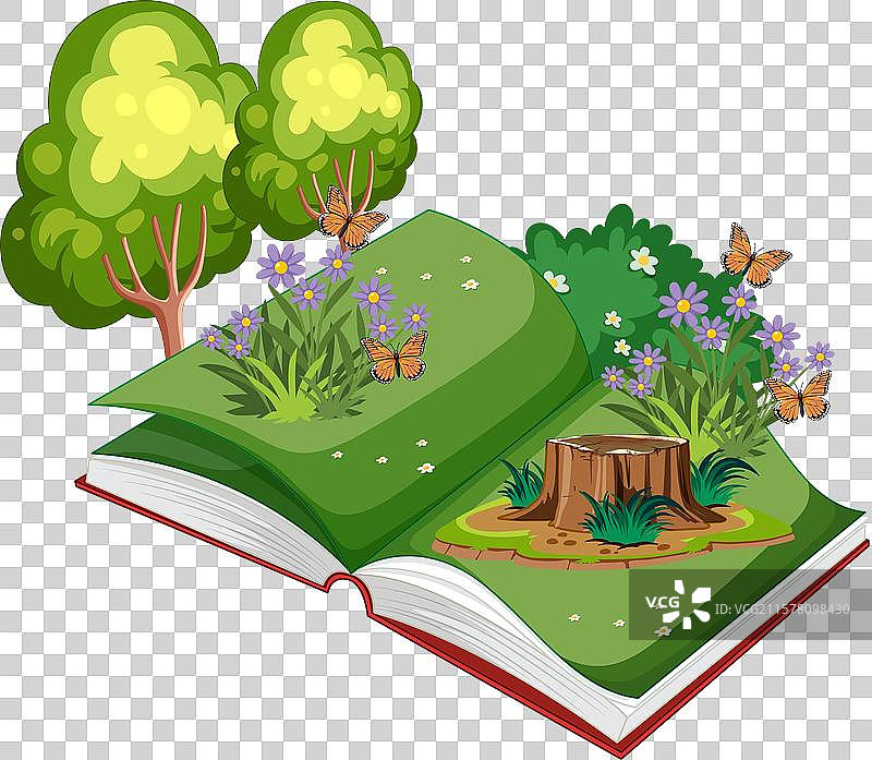 一本打开的书与自然元素相结合图片素材