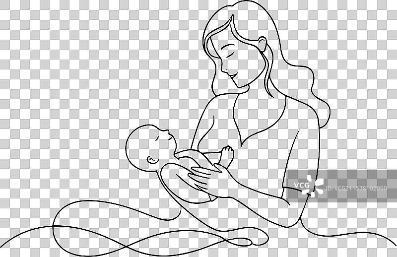 妈妈给新生儿哺乳的连续线条艺术图片素材