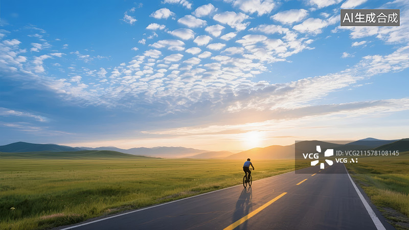 【AI数字艺术】夕阳下骑行在草原公路上图片素材
