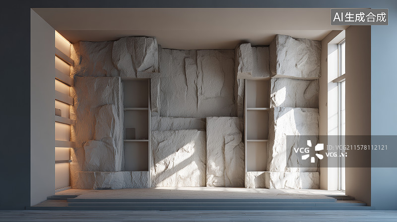 【AI数字艺术】原石墙面与嵌入式书架的现代空间图片素材