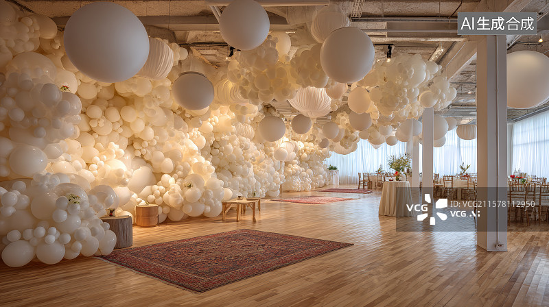 【AI数字艺术】白色气球装饰的浪漫婚礼空间图片素材