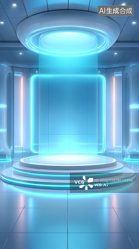 【AI数字艺术】科幻蓝紫色舞台光柱效果空间图片素材