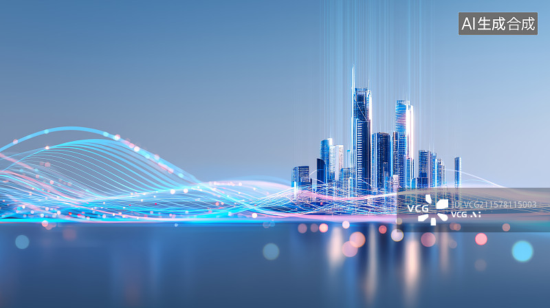 【AI数字艺术】汽车广告背景图——流动波浪与未来城市天际线图片素材