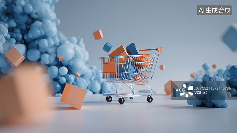 【AI数字艺术】蓝橙购物车创意场景图片素材