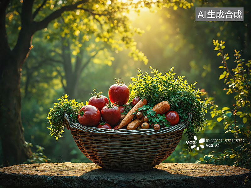 【AI数字艺术】森林里的丰收篮图片素材