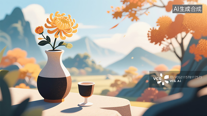【AI数字艺术】秋天酒杯菊花山水插画图片素材