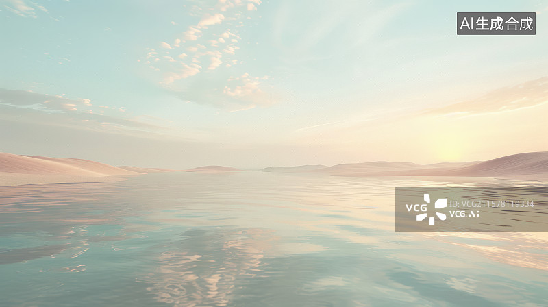 【AI数字艺术】沙海谧晖：粉蓝交融的水天幻境图片素材