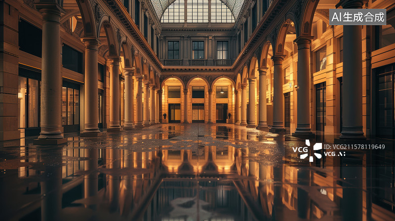 【AI数字艺术】鎏光镜庭：古典回廊的夜影交响图片素材