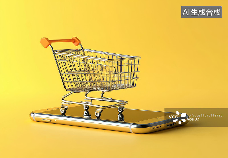 【AI数字艺术】手机上的购物车3d图标图片素材