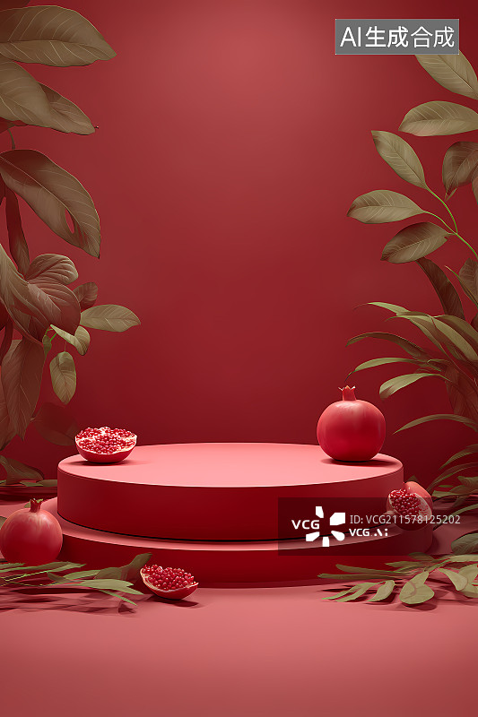 【AI数字艺术】红色平台上的石榴与绿叶图片素材