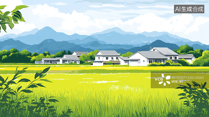 【AI数字艺术】乡村田间小路风景插画图片素材