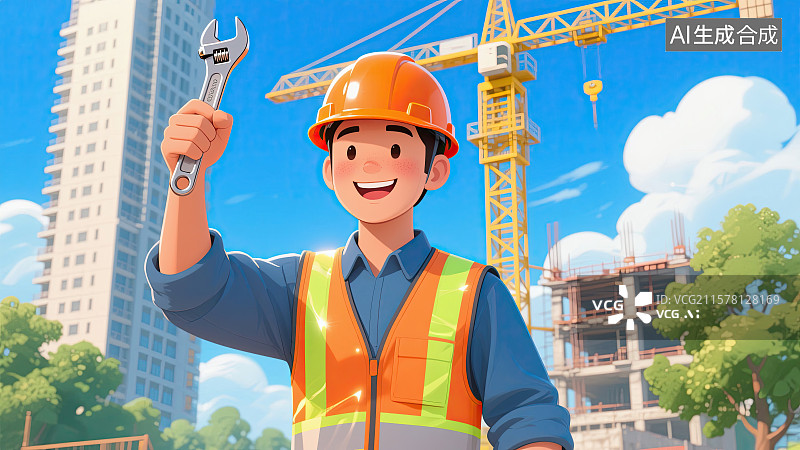 【AI数字艺术】男人，安全帽，安全生产月，工地作业，扳手图片素材