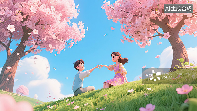 【AI数字艺术】3D情侣，樱花树，比心，情人节，爱情插画图片素材
