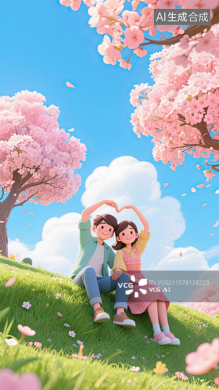 【AI数字艺术】3D情侣，樱花树，比心，情人节，爱情插画图片素材