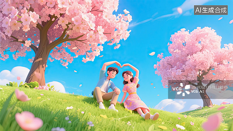 【AI数字艺术】3D情侣，樱花树，比心，情人节，爱情插画图片素材