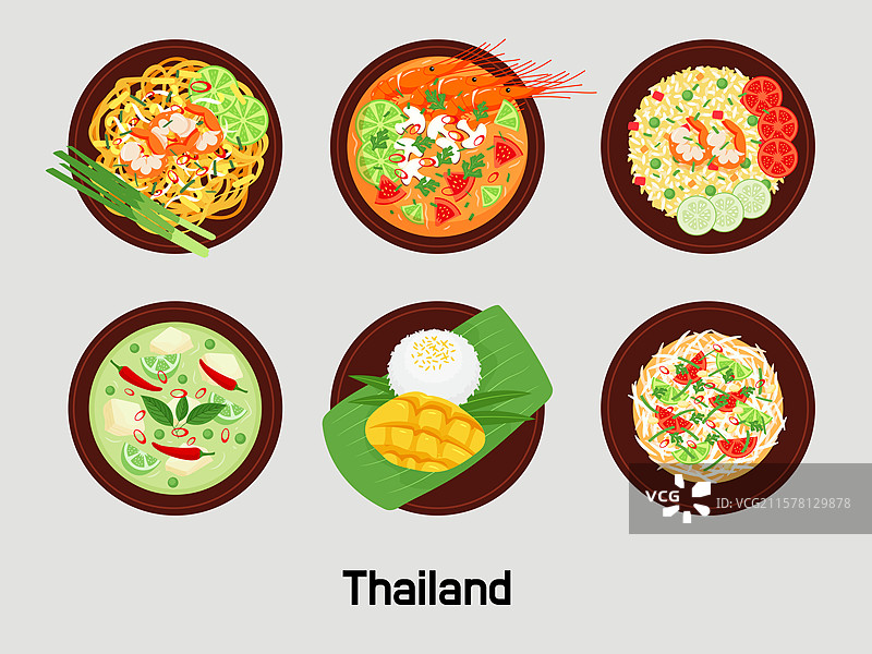 泰国，泰国菜，泰式炒河粉，冬阴功汤，炒饭，绿咖喱，青木瓜沙拉图片素材