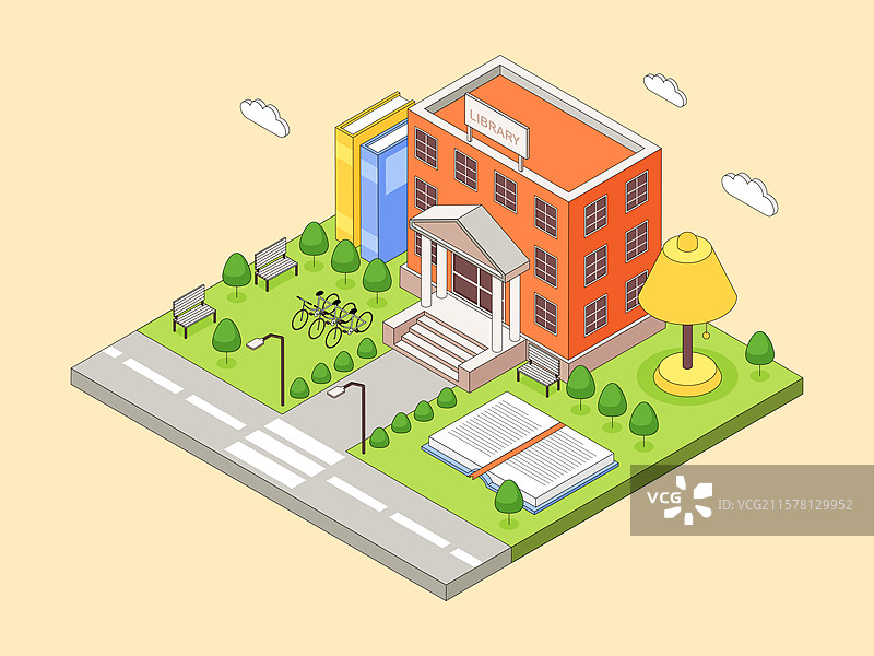 等距图，建筑外观，图书馆，书籍，台灯图片素材