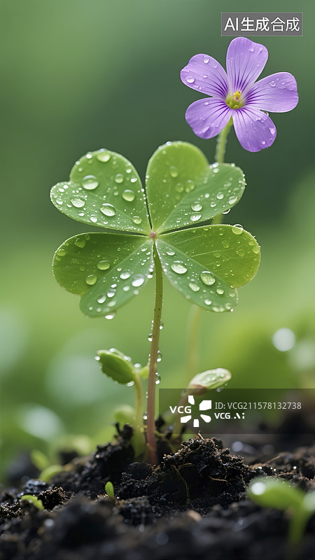 【AI数字艺术】带水珠的四叶酢浆草的花和叶图片素材