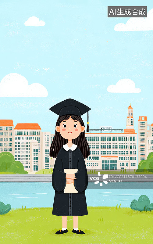 【AI数字艺术】毕业女生手持证书站在校园前图片素材