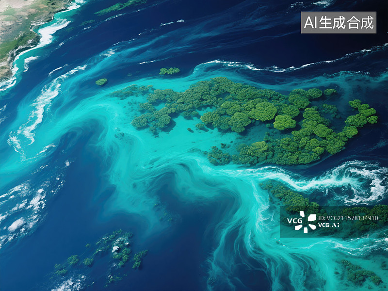 【AI数字艺术】卫星视角海洋暖冷流交汇创意抽象商业背景青蓝硅藻群漂浮于墨蓝翡翠渐变上象征空调定向气流图片素材