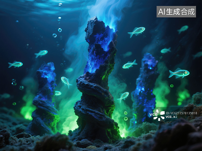 【AI数字艺术】深海热液喷口抽象商业背景矿物烟囱与生物发光浮游生物钴蓝与翠绿色调灵感源自科学微距摄影图片素材