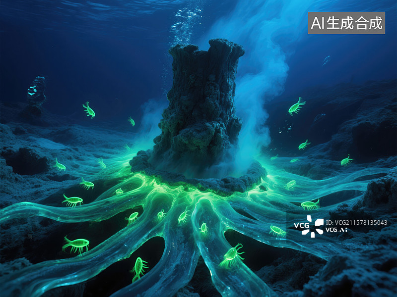 【AI数字艺术】深海热液喷口抽象商业背景矿物烟囱与生物发光浮游生物钴蓝与翠绿色调灵感源自科学微距摄影图片素材